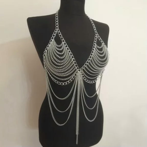 HOOUN Sexy Women Body Chain Bikini Tassel Layering Bra Jewelry Harness Chest Chain-silvery
