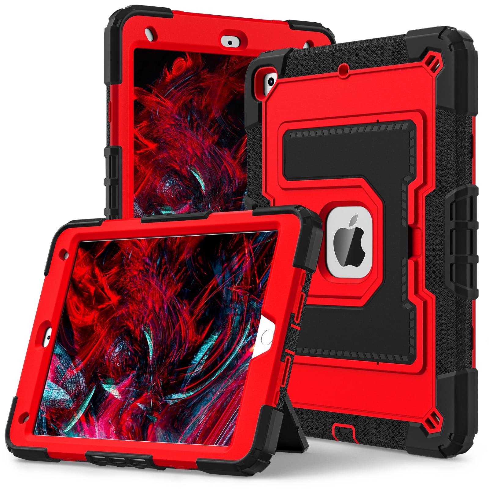 ELEHOLD 3-Layer Rugged Case For Apple iPad 9th/8th/7th Generation Heavy Duty Shockproof Cover, [Drop Protection], [Logo Visible], With Kickstand & Pencil Holder & Shoulder Strap, Black+Red