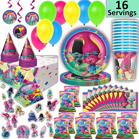 Trolls Party Supplies for 16 - Plates, Cups, Napkins, Loot Bags, Tablecloth, Hats, Balloons, Hanging Decorations, Stickers - Decorations, Favors, Tableware