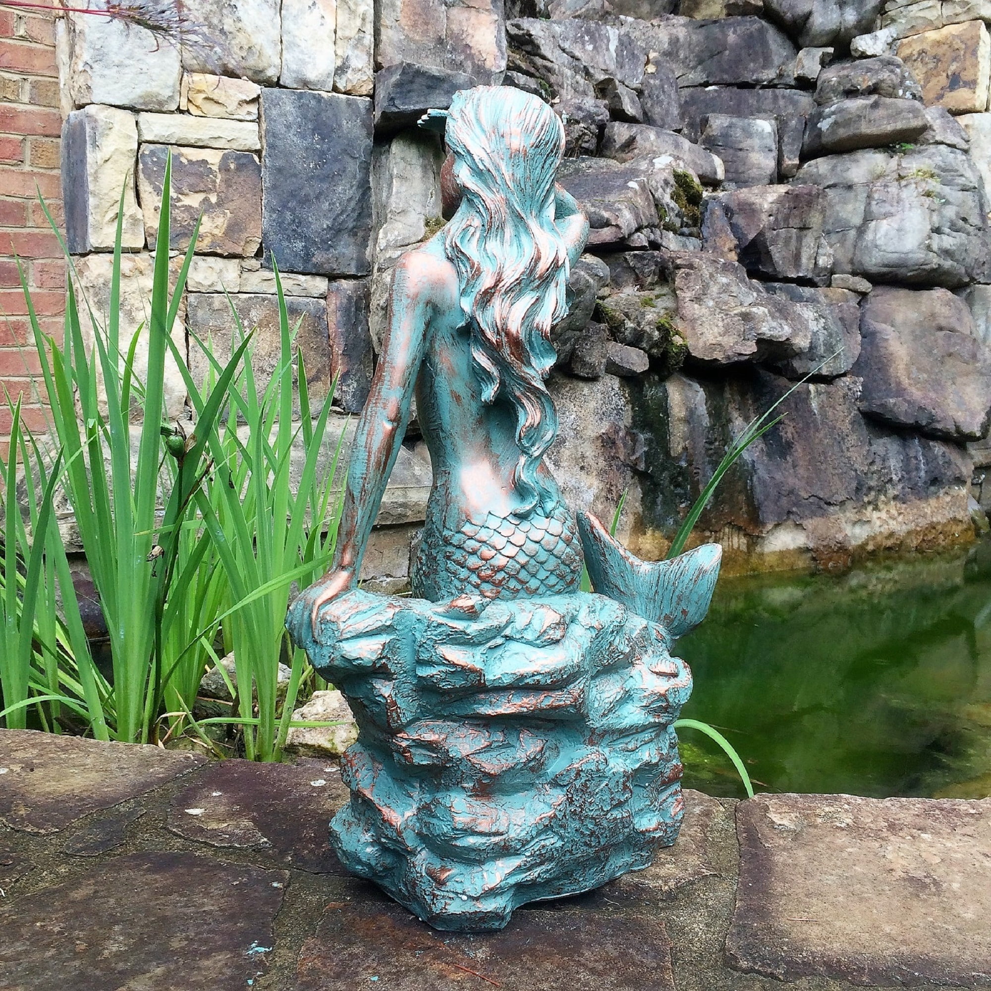 Homestyles 22 in. Bronze Patina Classic Mermaid Sitting on Coastal Rock Looking Out to Sea Beach Nautical Extra Large Statue