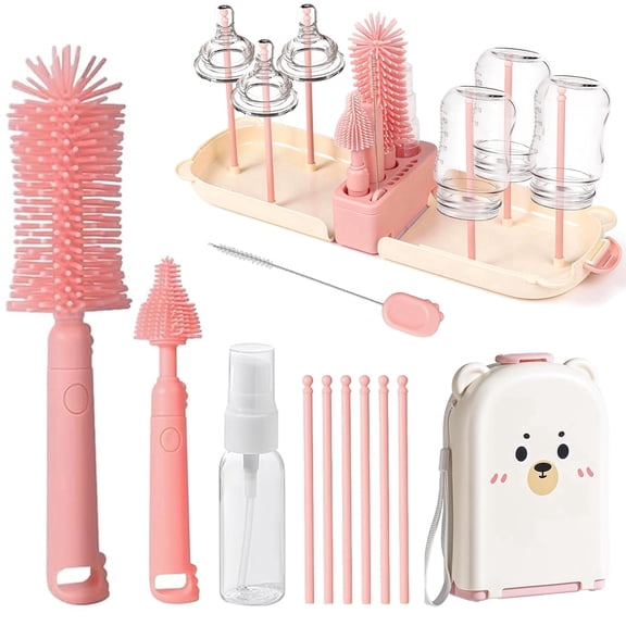 Fkszll Travel Baby Bottle Cleaner Kit with Soap Dispenser, Silicone Brush & Drying Rack, Pink