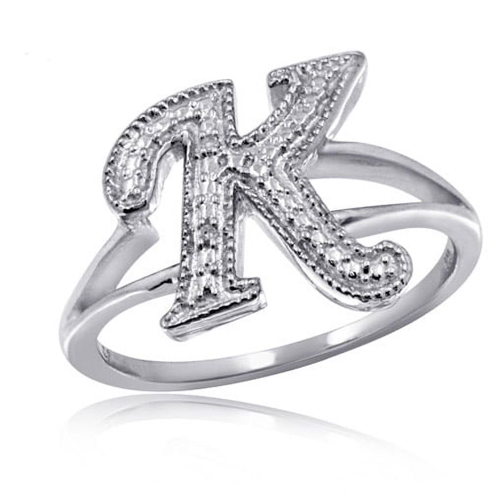 JewelersClub Accent White Diamond Initial Letter Ring for Women | Customizable Sterling Silver K Alphabet Monogram Ring for Girls | Cursive Script Capital Letters | Personalized Jewelry Gift for Her