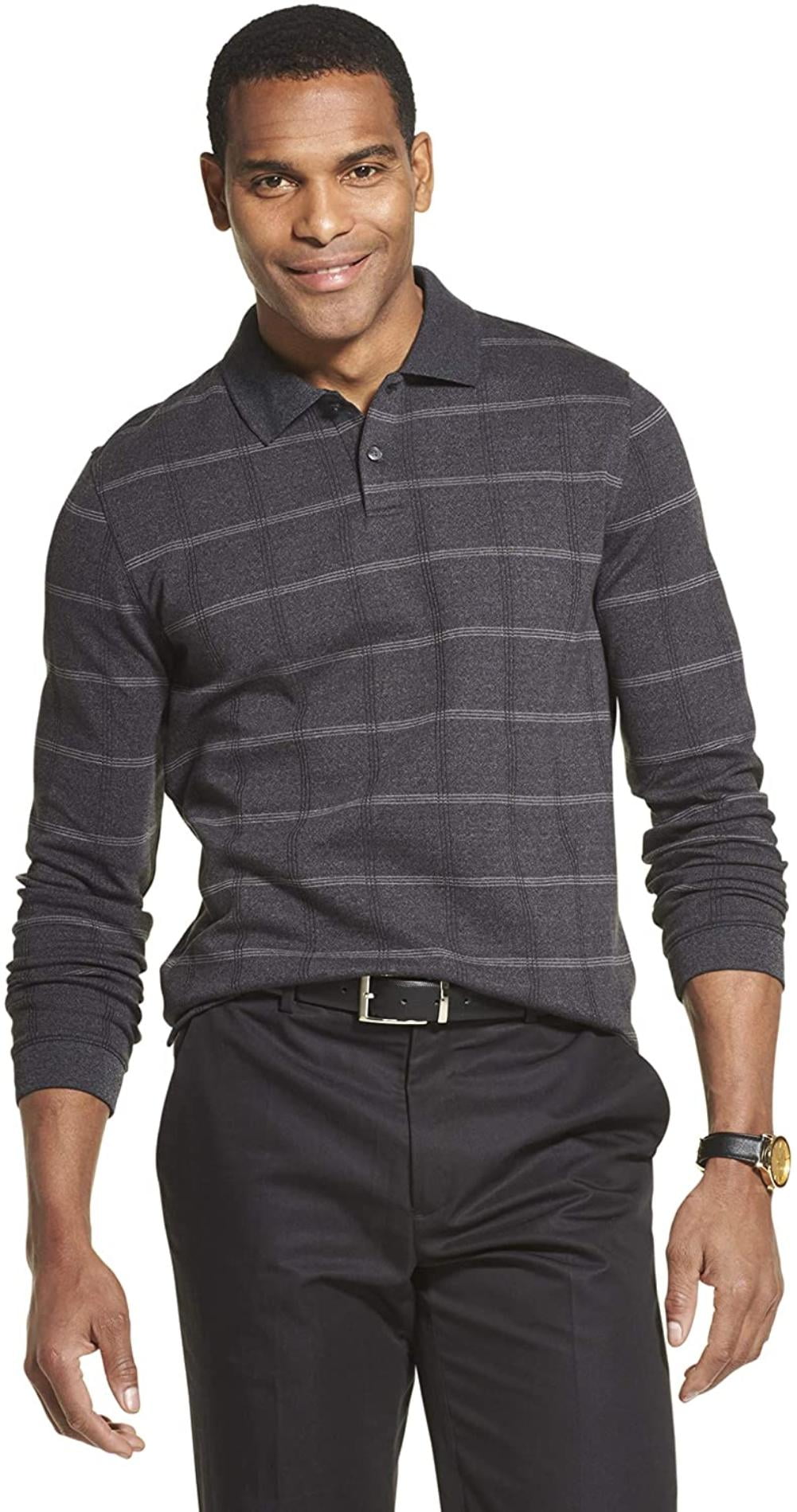 van heusen men's flex long sleeve jaspe windowpane polo shirt