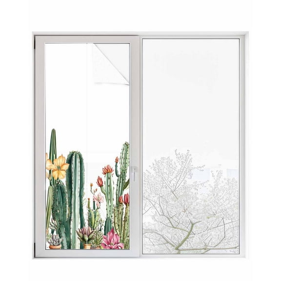 Window Privacy Film Green Cactus Stained Glass Window Film Decorative Sun Block Window Cover Spring Floral Watercolor Botanical Window Clings Static Adhesive Sticker for Bathroom 29.5"x78.7"