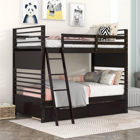 Solid Wood Twin Over Twin Bunk Bed with 2 Storage Drawers Ladder and Safety Guardrails for Kids Teens and Adults  Bunk Bed Can Be Converted Into 2 Twin Size Daybed for Bedroom  Dorm and Loft Espresso