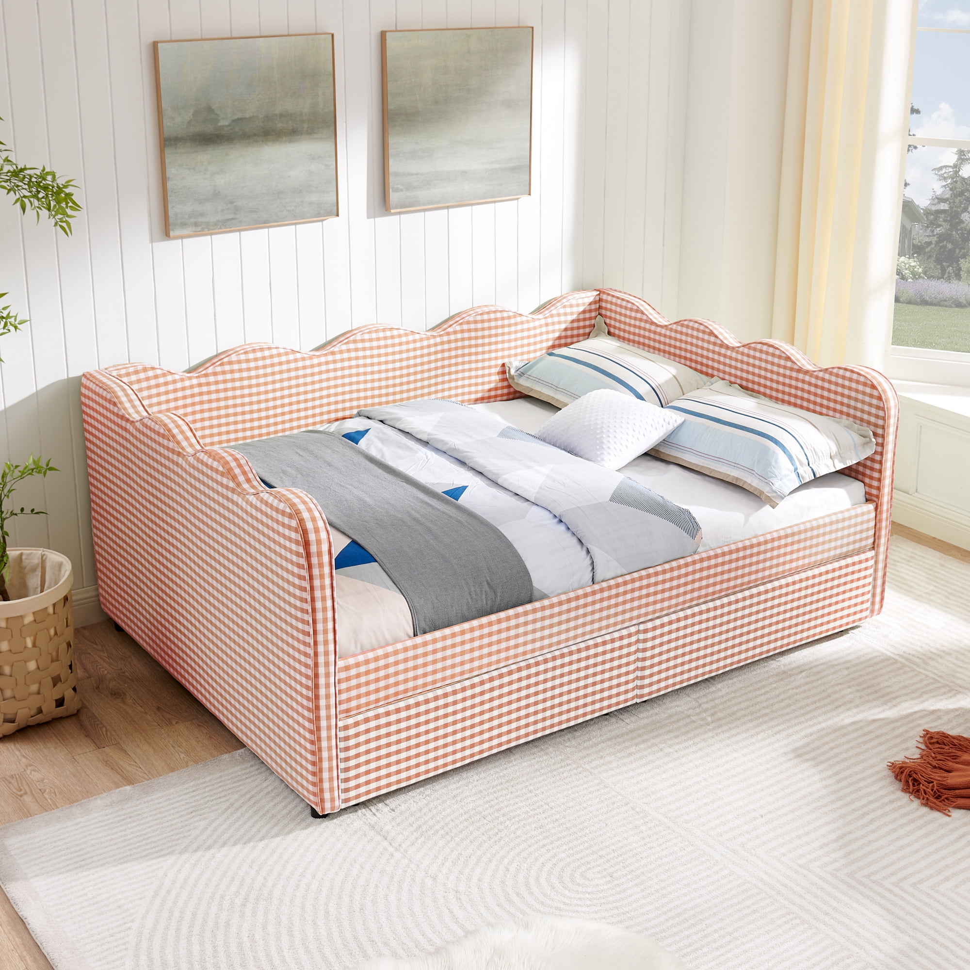 Full Size Daybed with Storage Drawers and USB Port, Upholstered Linen Sofa Bed Frame with Wave Design, Kids Guest Bed for Bedroom Living Room, Pink