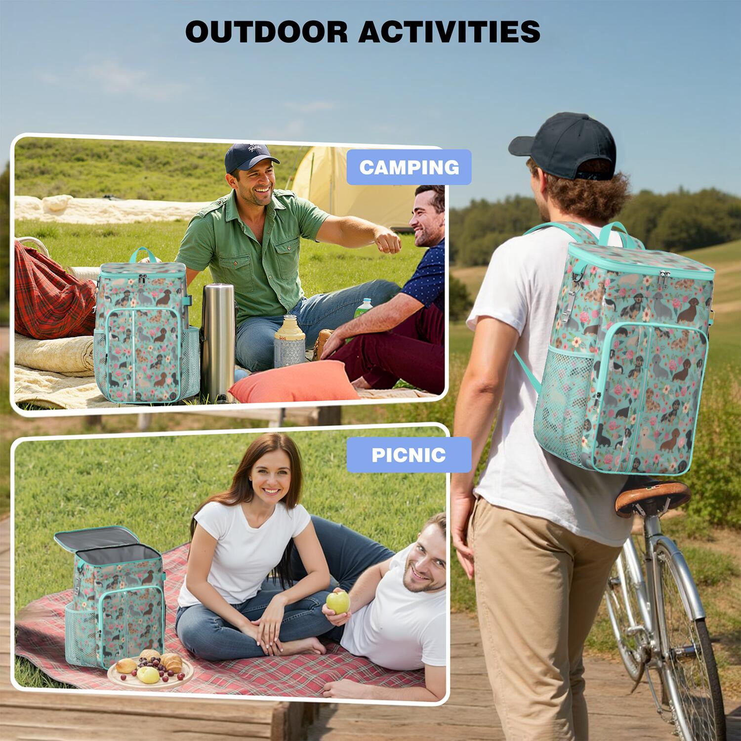 Travel Cooler Bag - Dachshund and Flower Camping Beer Cooler Backpack with Bottle Opener- Waterproof Insulated Picnic Backpacks - Cooler Bag for Beach