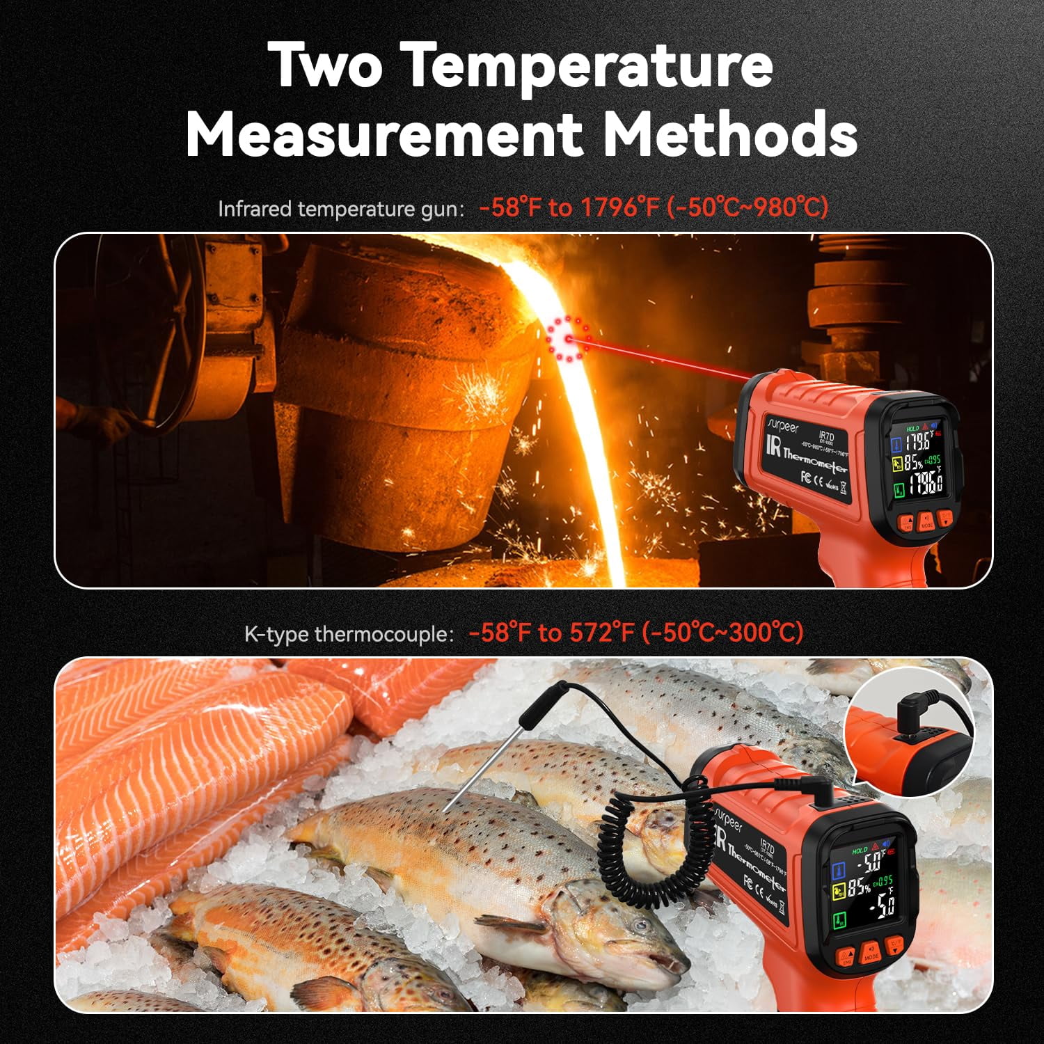 -58°F to 1796°F Infrared Thermometer Gun 16:1 with K-Type Probe，Humidity Display，Industrial & Home