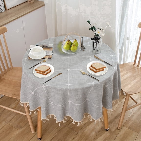 ICEANT 35 inch Linen Textured Tablecloth with Tassel, Round Grid Pattern Waterproof Wrinkle Free Table Cover, Spill-Proof Table Cloth For Dining Room & Living Room, Grey