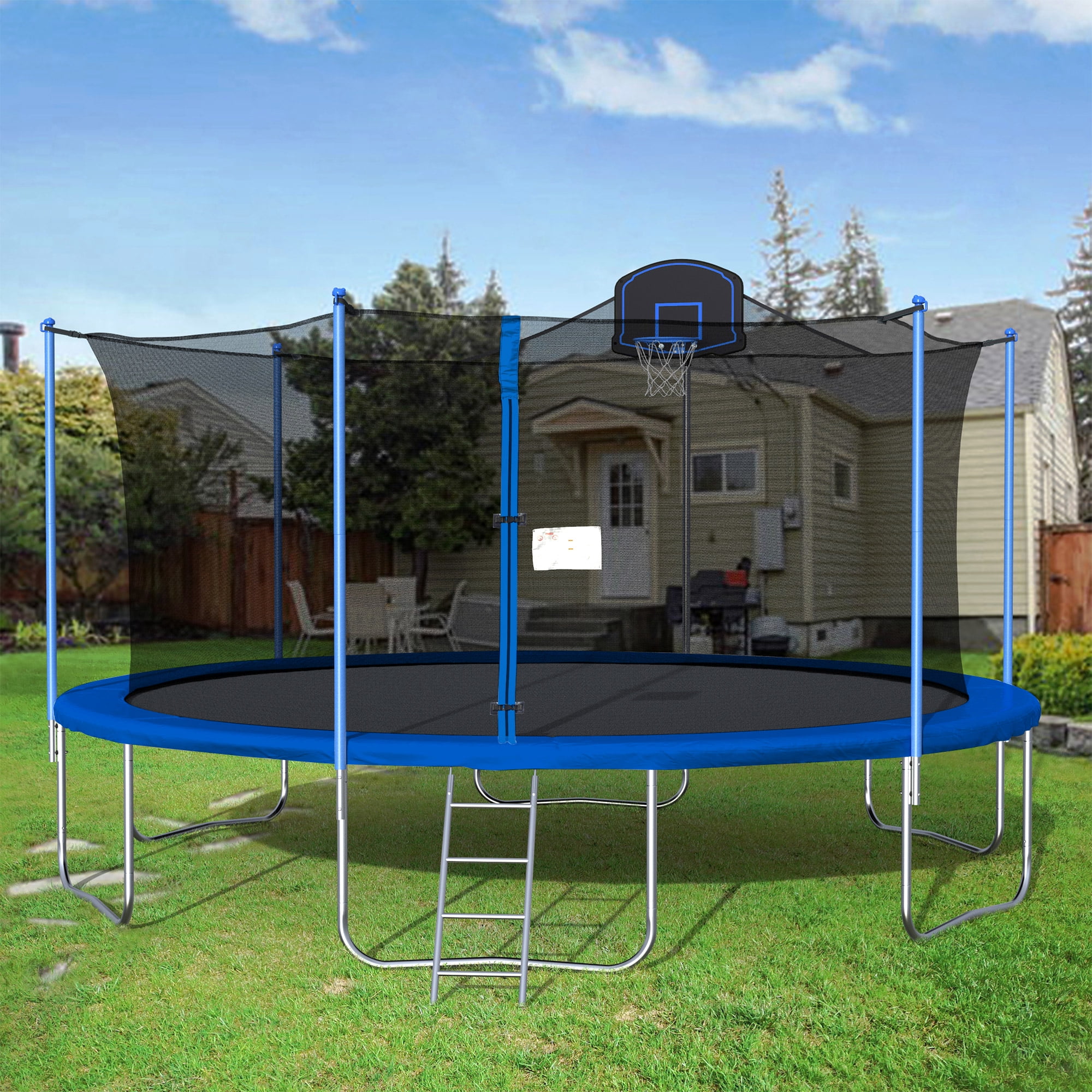 16FT Trampoline, 2021 Upgraded Outdoor Round Trampoline with Safety Enclosure, Basketball Hoop and Ladder, Outdoor Trampoline for Family School Entertainment, Heavy Duty Frame and Coiled Spring, B5005