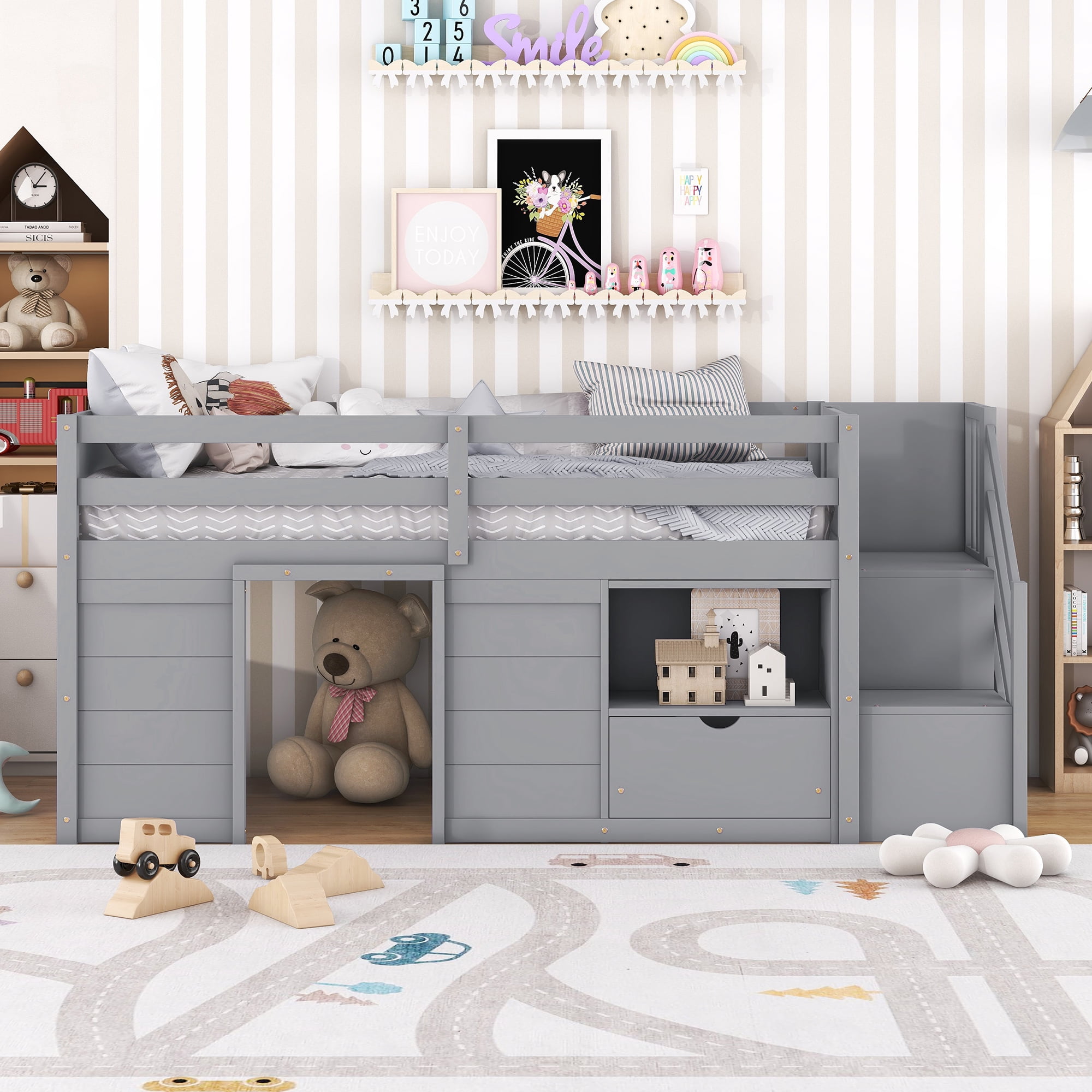Leumius Twin Size Loft Bed with Storage Stairs and Storage Drawers,Solid Wood Bed Frame with Large Under-Bed Space,Gray