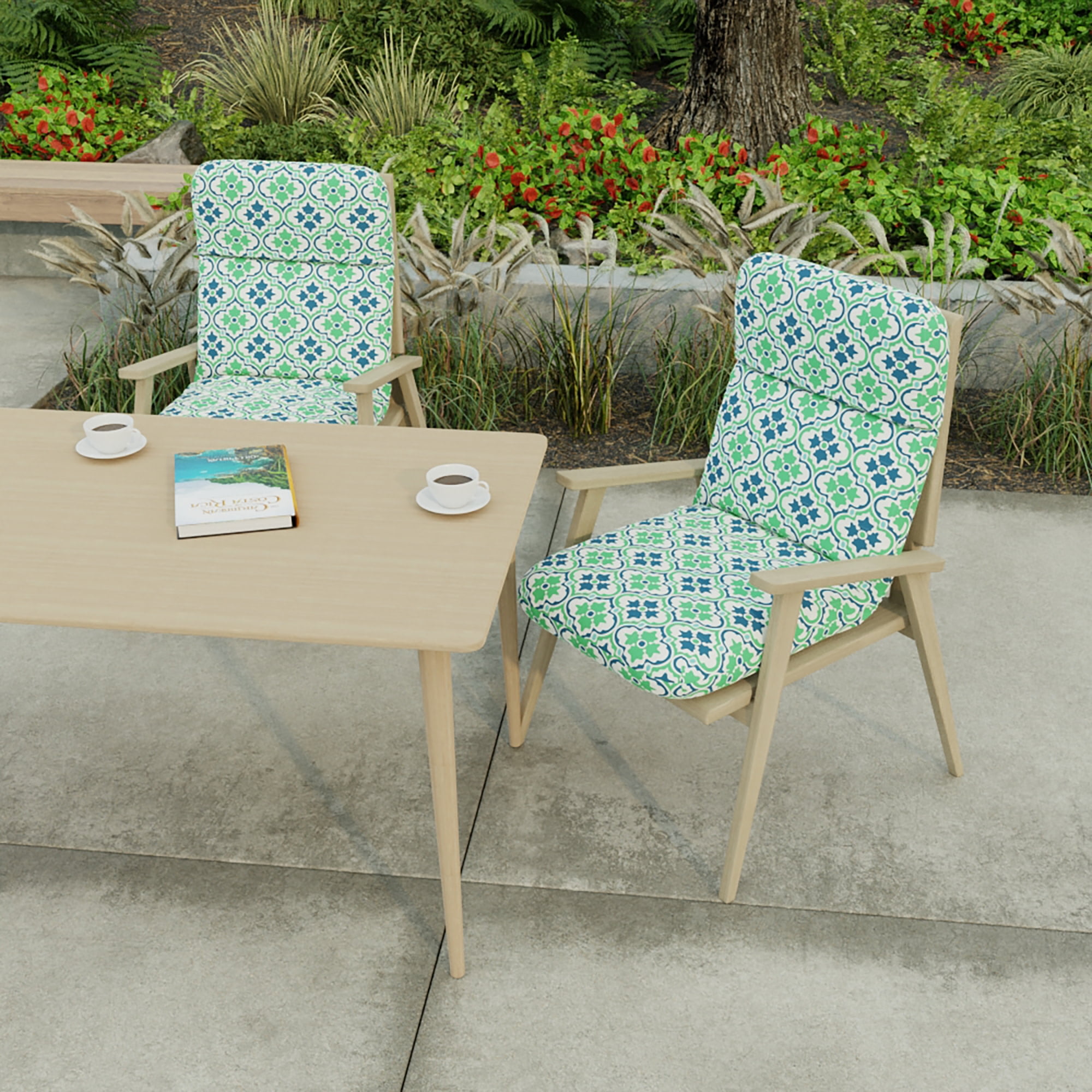 Jordan Manufacturing 45" x 22" Vesey Sea Mist Blue and Green Quatrefoil Rectangular Outdoor Chair Cushion with Ties and Hanger Loop