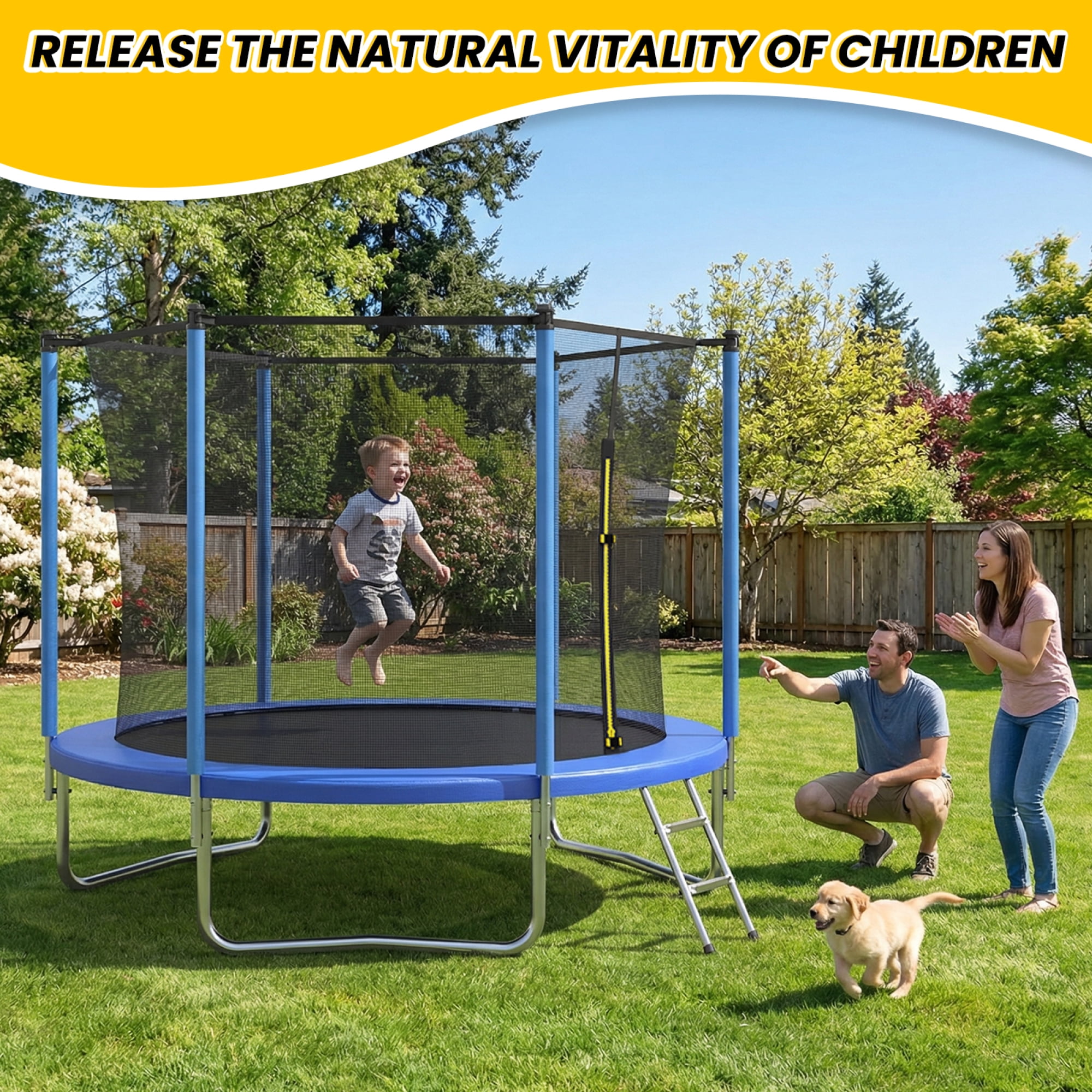 Leumius 8ft Trampoline for Kids,Outdoor Trampoline with Safety Enclosure Net and Ladder,Recreational Trampoline for Family Fun,Blue