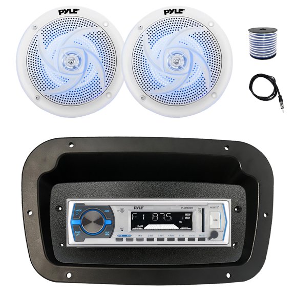 Pyle PLMRB29W Single DIN Bluetooth Marine MP3 Stereo Receiver, Spa bezel, Adapter Plate, 22" Radio Antenna, Wire, 2x 5.25" 180 Watt Max 2-Way Blue Flashing LED Boat Audio Speakers (White)