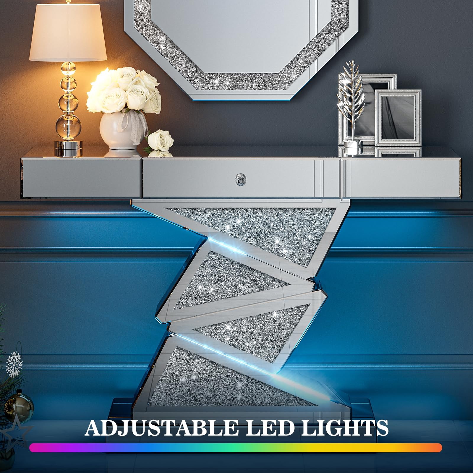 ARICOEASY Modern Mirrored Console Table with Large Drawer for Living Room, Hallway, Foyer, Entrance