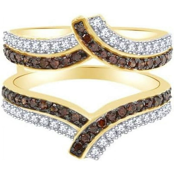 beryl_creation 2.32 Ct Round Cut Brown & White Diamond Wedding Wrap Guard Enhancer Ring 14K Yellow Gold Plated 925 Sterling Silver-5.5