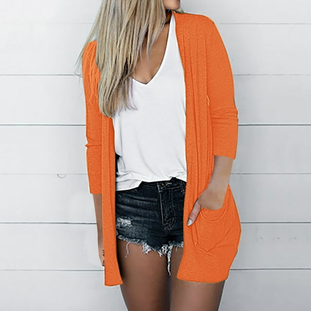 Frostluinai Women's Lightweight Summer Cardigan Open Front Long Sleeve Soft Cardigans Lounge Solid Color Jackets Loose Coat with Pockets