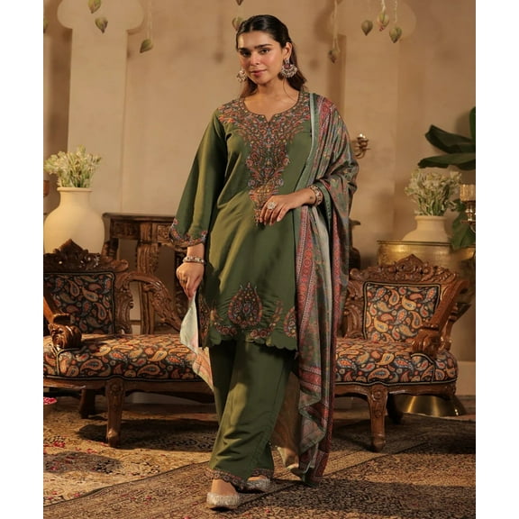 Green Embroidered Silk Blend Straight Kurta Set with Printed Dupatta | Festive Party Wear Suit for Women | Shivansh Creations