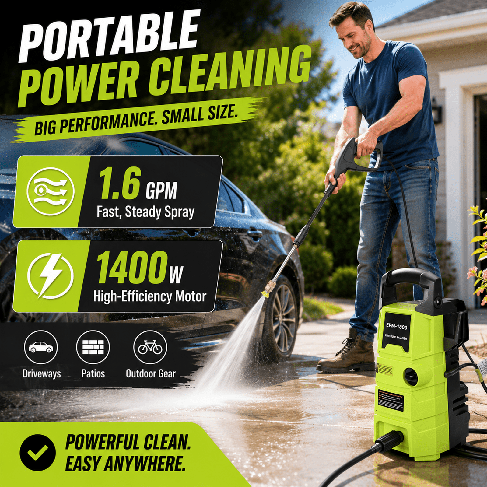 sunorchid 1800 PSI 1.6 GPM Electric Powered Pressure Washer 120V, with Hose & Adjustable Nozzles for Car/Fences Driveways/Home/Patios