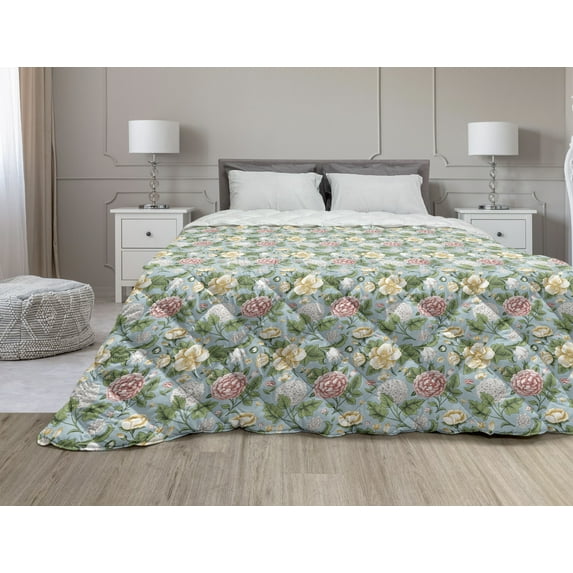 Colorful Down Alternative Comforter, Deer Silhouettes Ornamented Vintage Motifs and Shapes on Background, Microfiber Quilt for All Season, 5 Sizes, Eggshell and Multicolor, by Ambesonne