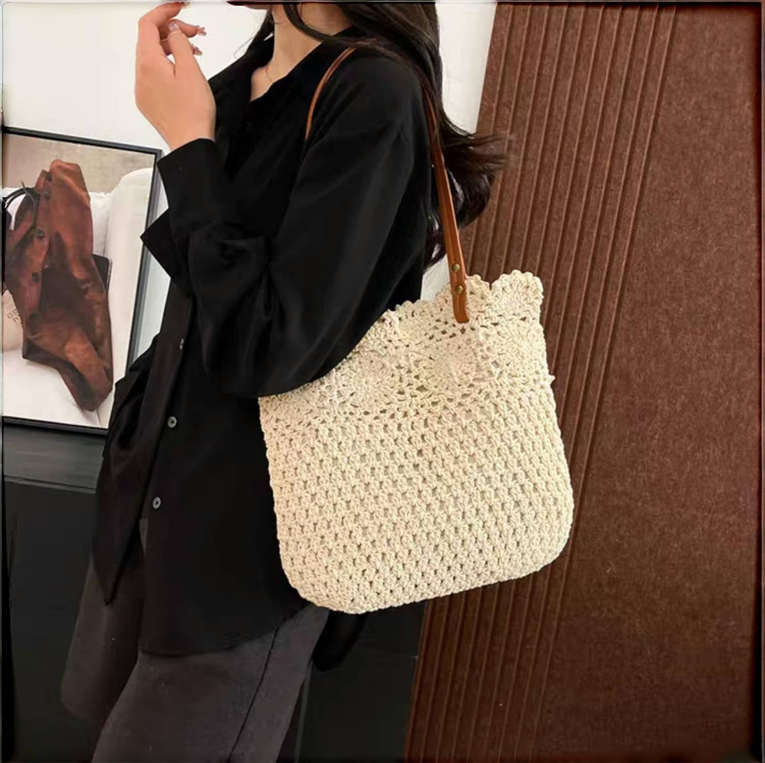 Crochet Tote Bag Handwoven Cotton Beach Shoulder Bag with Linen Lining Hobo Summer Vacation Purse for Women (Off-White)