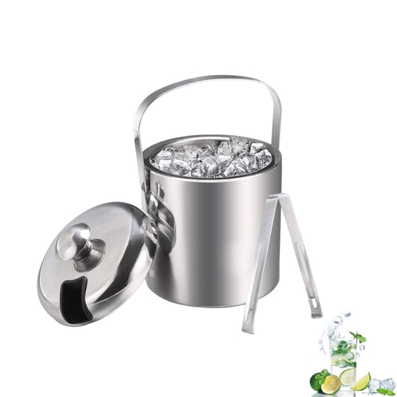 1.3L Double Wall Ice Bucket, Stainless Steel with Lid, Strainer, Ice Tong Insulated Ice Bucket for Cocktail Bar, Wine, Home Bar Accessories, Parties, Champagne Bucket