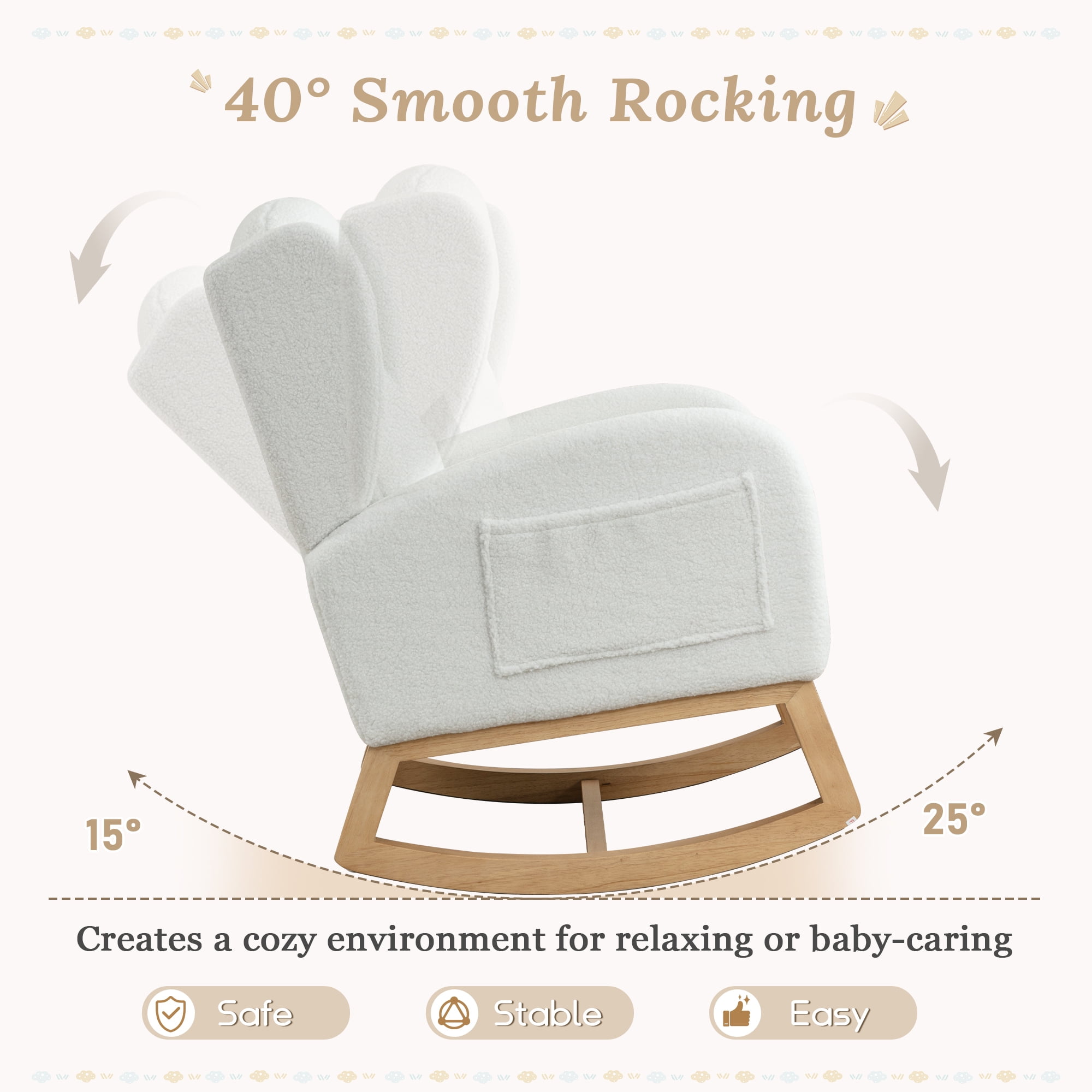 Muumblus Nursery Rocking Chair, Wingback Glider Rocker, Indoor Uphlostered Rocking Chair, Ivory Teddy