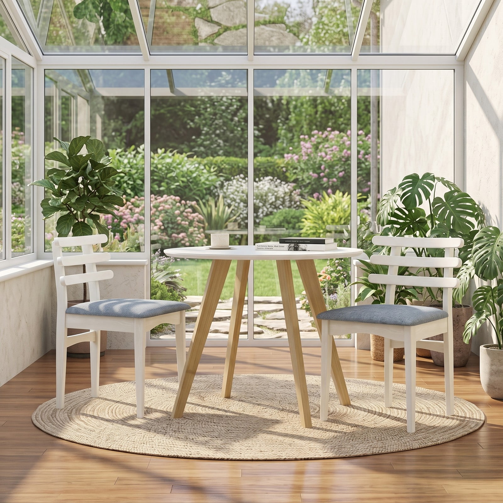 Furnibear Set of 2 Fabric Kitchen Dining Chairs, Upholstered Side Chairs with Rubber Wood Frame, Padded Polyester Seat and Ladder Backrest for Restaurant Home, White