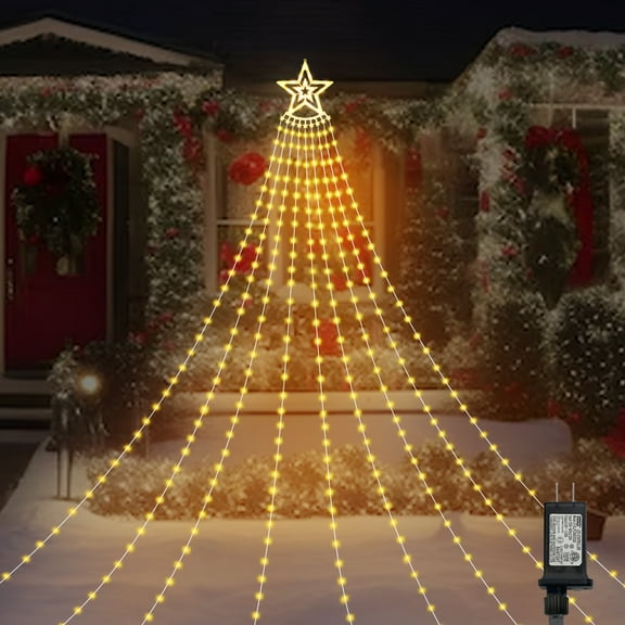 Outdoor Christmas Decorations 480 LEDs Christmas Lights with 9 Strands 17ft Waterfall Christmas Tree Lights, 16Modes, Waterproof, Topper Star & Timer for Yard Patio Xmas Décor, Warm White