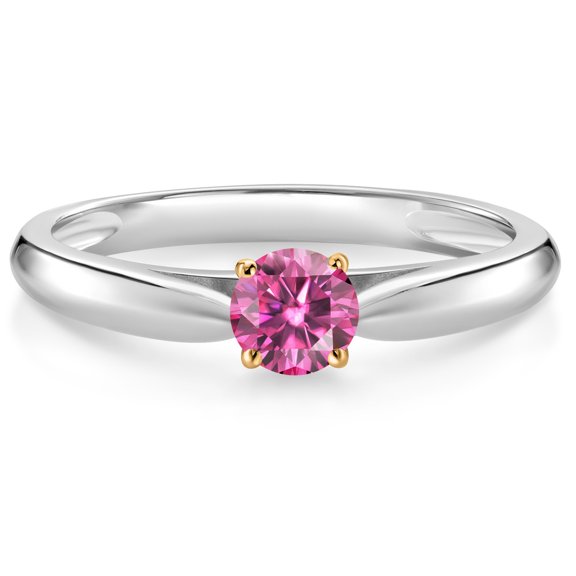 Gem Stone King 10K White and Yellow Gold Pink Moissanite Solitaire Engagement Ring for Women (0.23 Cttw, Gemstone, Round 4MM, Size 6)