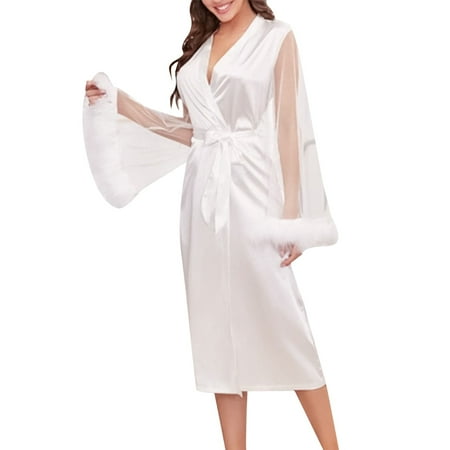 Long Satin Silk Kimono Robes Womens Classic Feather Long Sleeve Bathrobe Soft Cozy Ladies Soft Lingerie Bride Gown Robe