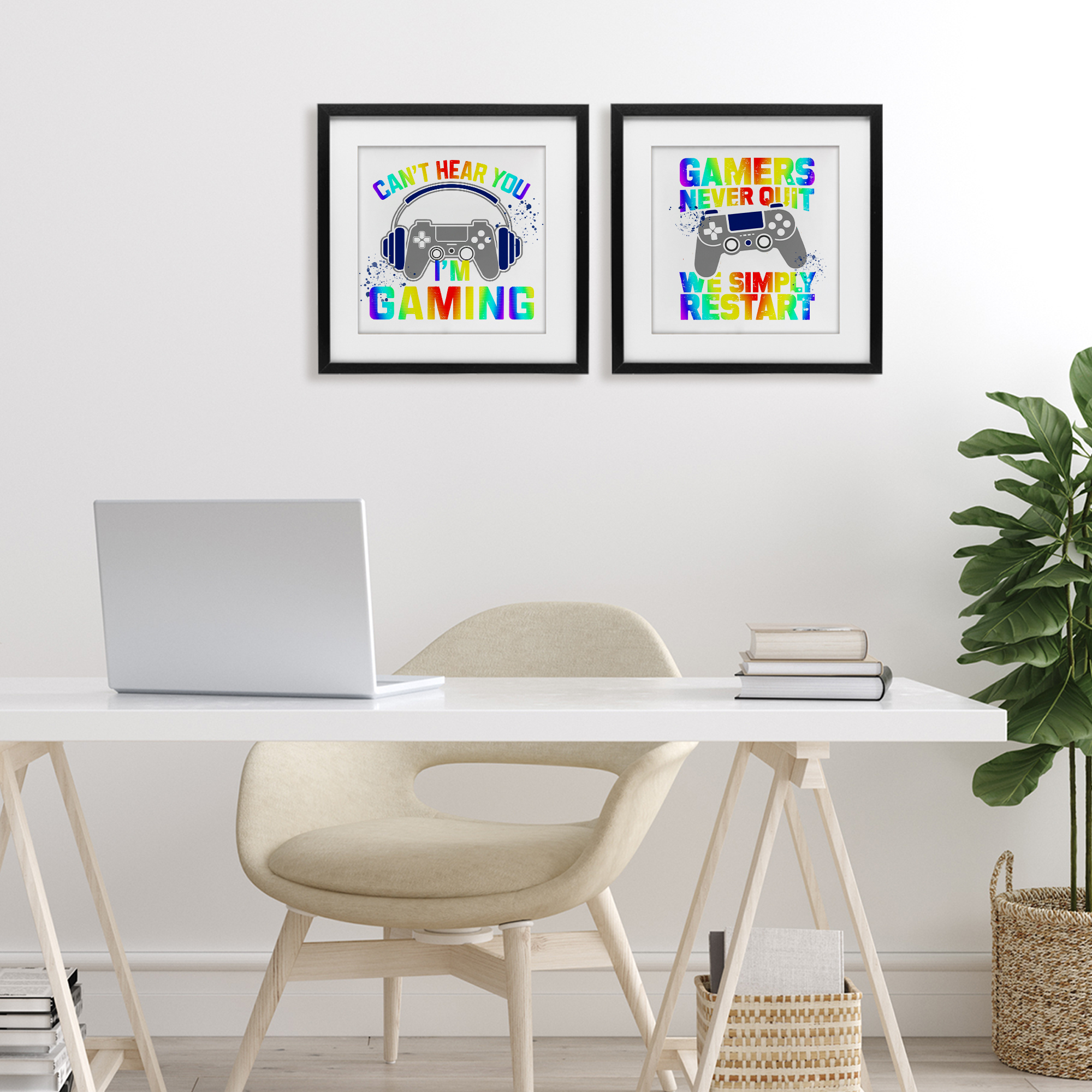 Rainbow Retro Gaming Phrases 2 Piece Black Framed Print Under Glass Set, design by Kim Allen