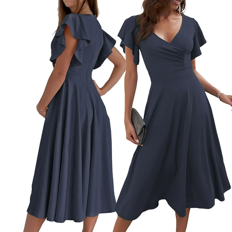 HAOYUNL Womens Summer Dresses V-Neck Dress Ruffle Short Sleeve Hem Chiffon  Short Jumpsuit S-XXL - Walmart.com