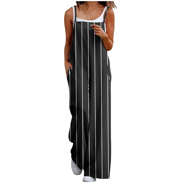 aidice Summer Rompers for Women Spaghetti Strap Striped Side Split Casual Wide Leg Pants Jumpsuits with Pockets