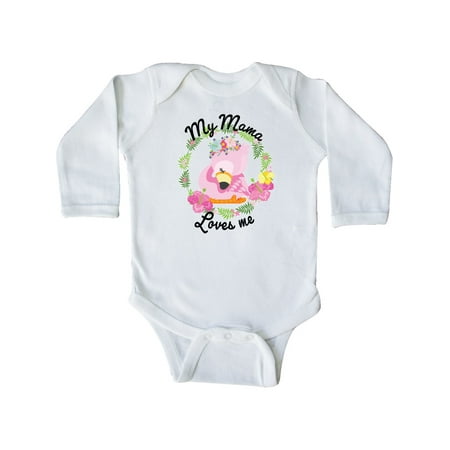 

Inktastic Baby Flamingo My Mama Loves Me in Flower Wreath Gift Baby Boy or Baby Girl Long Sleeve Bodysuit