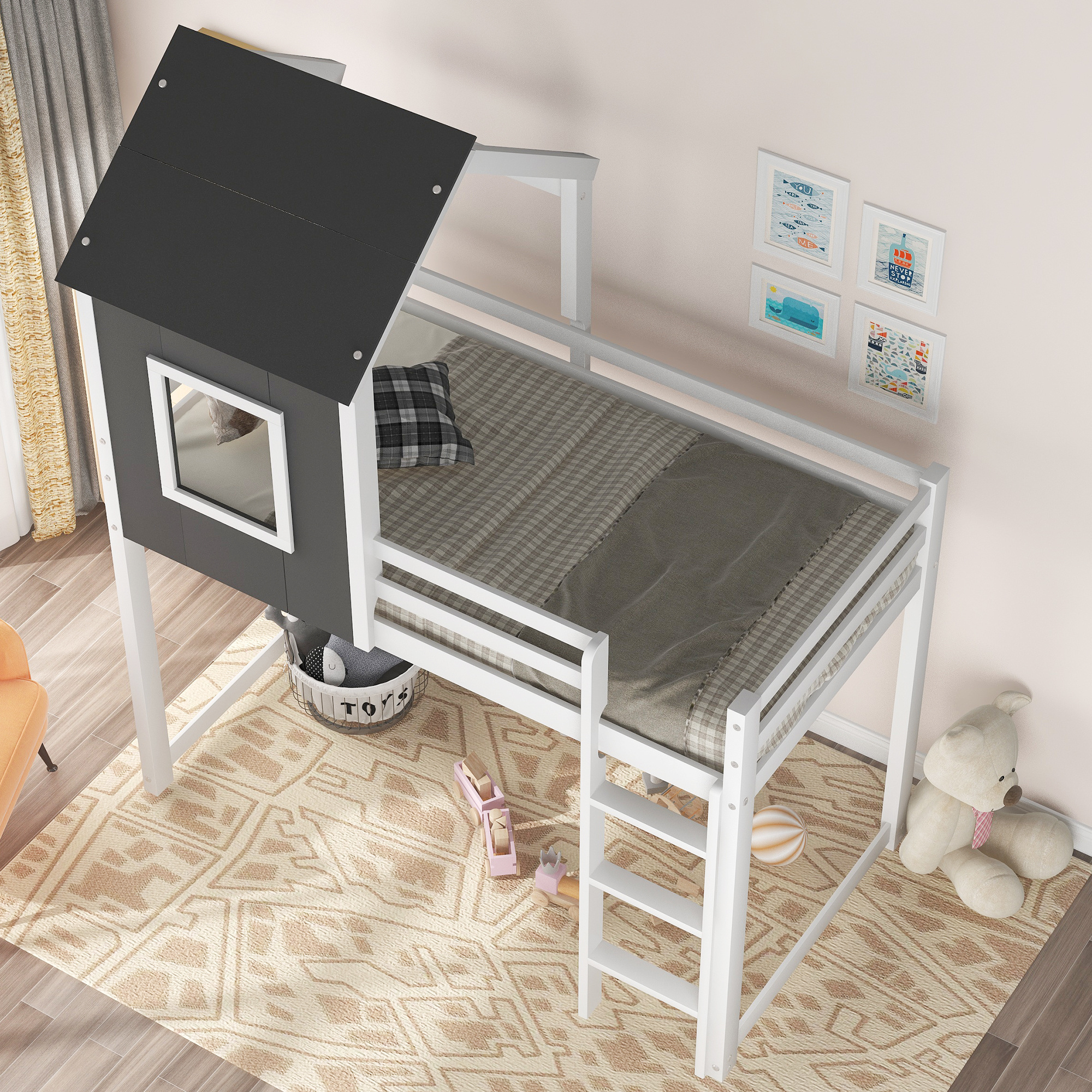Twin over Twin Low Bunk Bed, Loft House Bed with Roof, Front Window, Ladder, Fence-shaped Guard Rail, Pine Floor Bunk Bed for Kids, Bedroom, Apartments, No Box Spring Needed