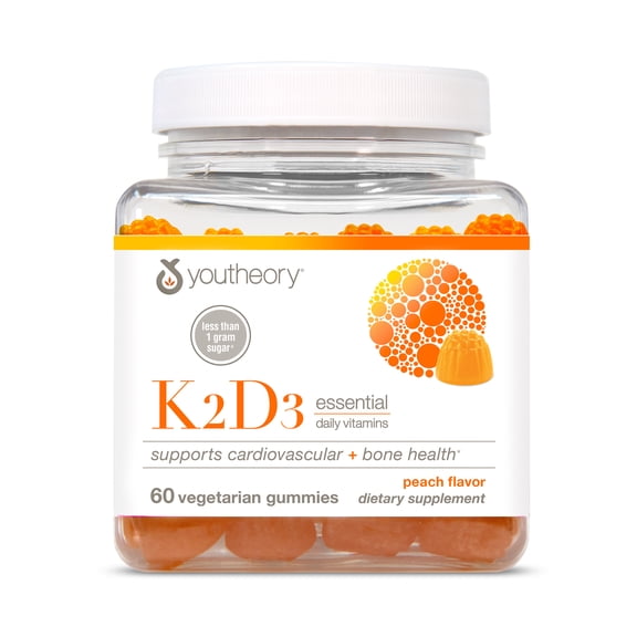 Youtheory Vitamin K2D3 Gummies, Daily Vitamin Supplement for Calcium Absorption, Bone Strength and Cardiovascular Support, Peach Flavor, 60 Count
