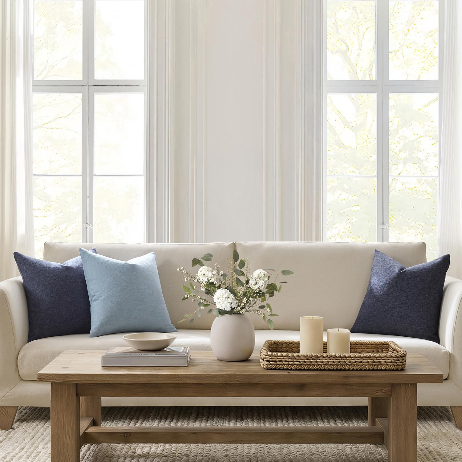 Set Of 2 Deep Indigo Blue Throw Pillow Covers 18x18  Linen Blend Decorative For Couch Sofa Bed Beach House Home Decor