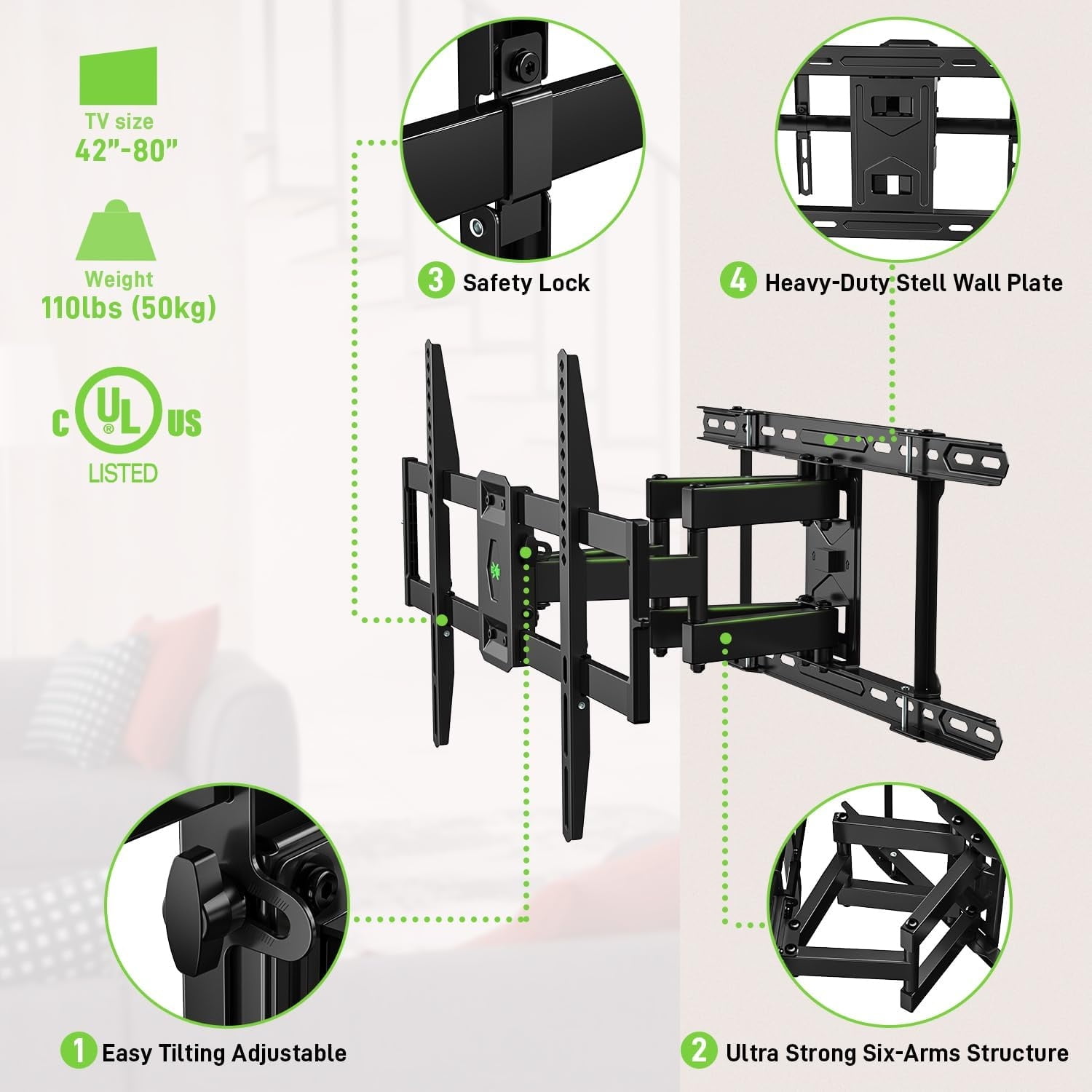 Listed TV Wall Mount for 42"-85" TVS, Fits 16" 18" or 24" Studs, Full Motion Wall Mount Swivel Tilt Extension TV Bracket with Dual Articulating Arms