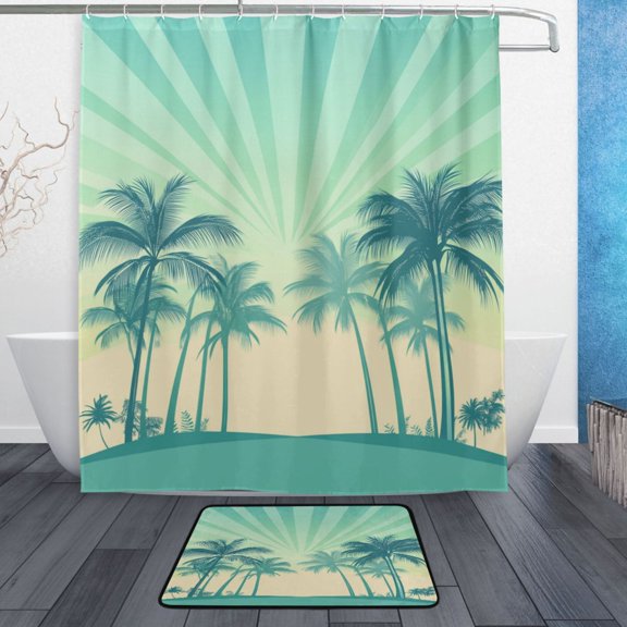 Bath Curtain & Non-Slip Bath Mat Set 12-Grommet Shower Curtain Memory Foam Bath Rug Green Palm Trees