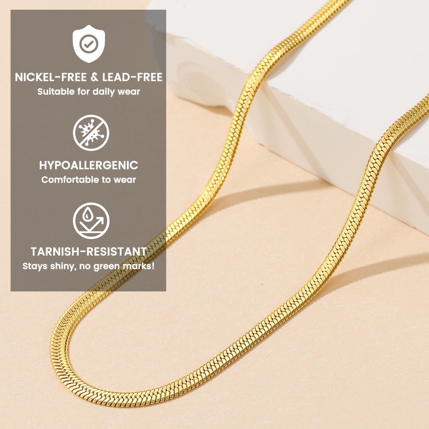 Bestyle 3mm Women Gold Plated Necklace Chain Flat Snake Herringbone Choker Mother's Mother's Day Gifts for Girlfriend Daughter Mom, 12.5"