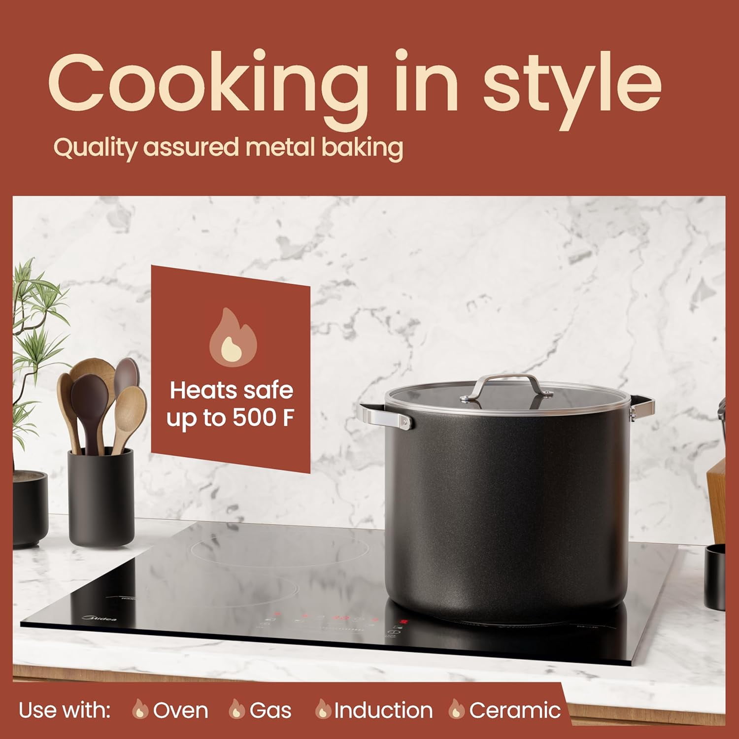 Bakken 12.5 Quart Ceramic Coated Stock Pot with Glass Lid, Nonstick, Oven Safe to 500°F, Stainless Steel Handles, All Stove Compatible, Black