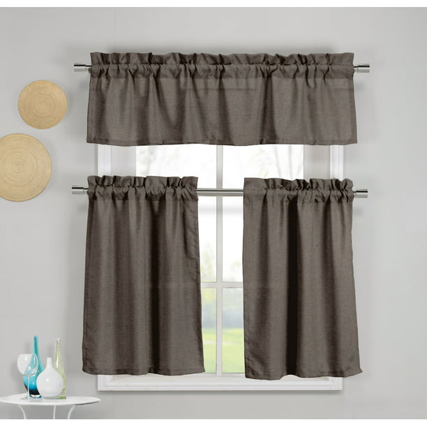 Chocolate Brown 3 Piece Faux Cotton Kitchen Window Curtain Panel Set With 1 Valance And 2 Tier Panel Curtains Walmart Com Walmart Com