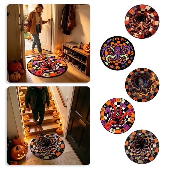 Halloween Octopus Optical Illusion Round Rug Spooky Checkerboard 3D Visual Doormat Non Entryway Floor Mat