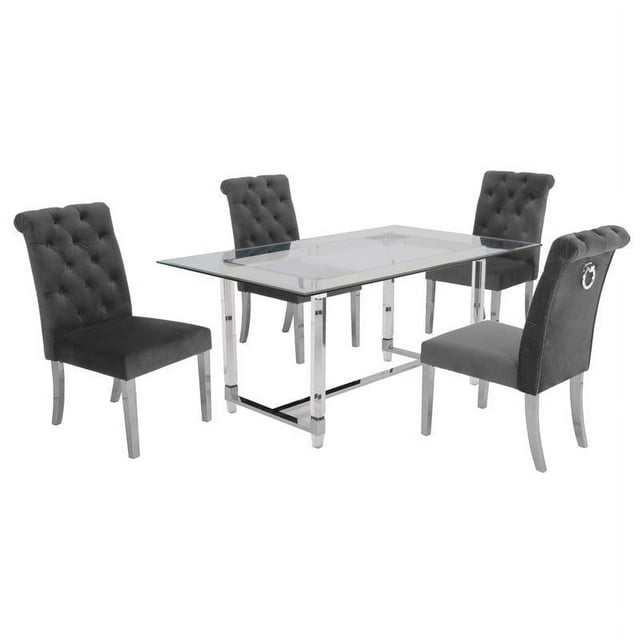 5pc. 68" x 40" Glass Dinette Set with 4 Chairs and Silver Stainless Steel