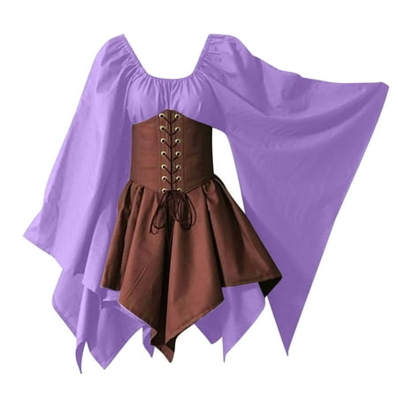 

Summer Savings Clearance Dezsed Women Costumes Gothic Retro Long Sleeve Corset Dresses Long Sleeve Round-Neck Mid-Calf Dress Purple L