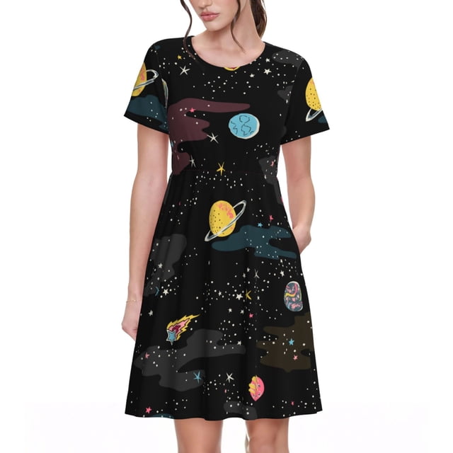 Easygdp Galaxy para Vestido Transpirable de Mujer, Vestido Suelto de Manga Corta con Pliegues y Bolsillos para el Verano