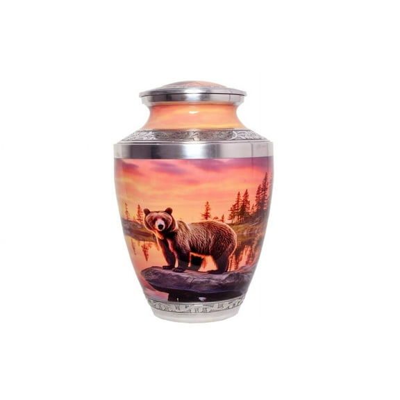 World Bazaar Bear Urn Decorative Orange Aluminium Large Cremation Urns with Velvet Bag