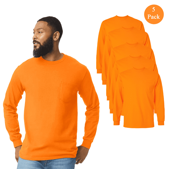 Gildan Men's Ultra Cotton Long Sleeve Pocket T-Shirt, Hi-Vis Safety Orange Workwear Tee, 5-Pack, S