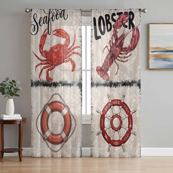 Vintage Coastal Sheer Curtains 108 Inch Length 2 Panels Set, Nautical Crab Lobster Anchor Retro Art Voile Window Treatment Semi Sheer Long Curtains Drapes for Bedroom/Living Room/Kitchen 52"x108"x2